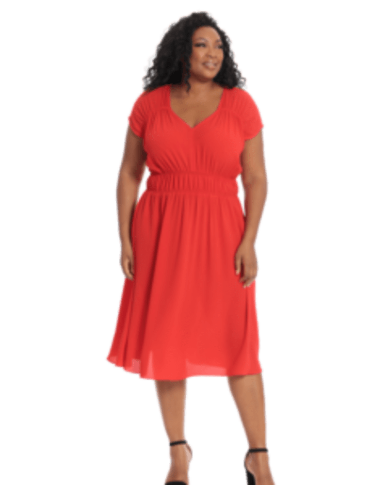 Front of a model wearing a size 16w Lucy Midi Dress in red by London Times. | dia_product_style_image_id:254942